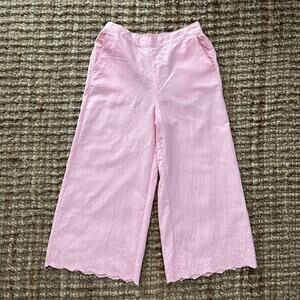 Laura Ashley Linen Blend Wide Leg Cropped Pants Pink Eyelet Hem M Cottagecore